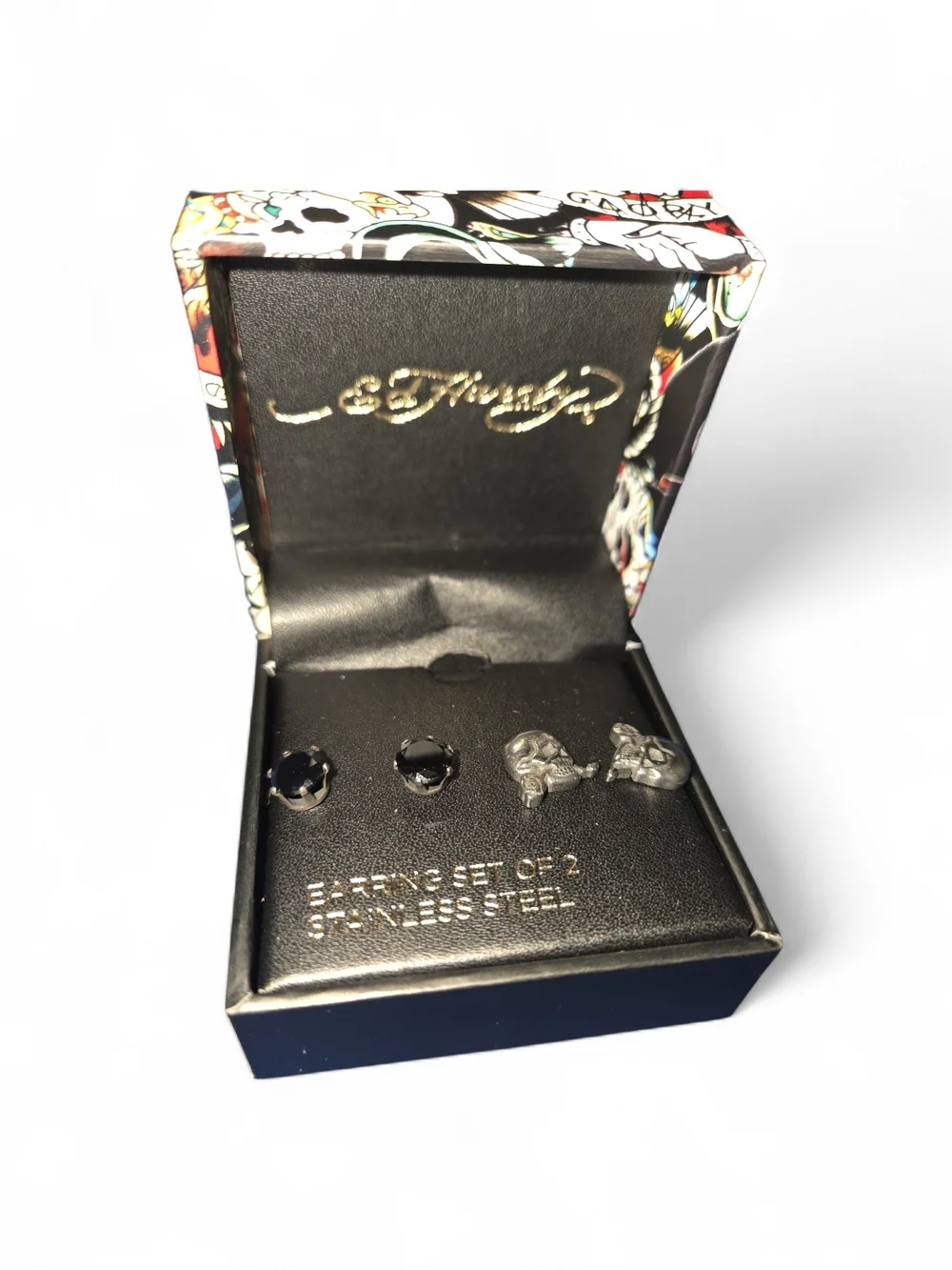 Ed Hardy Men's Black and Silver Stud Earring Set